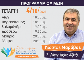 Το πρόγραμμα περιοδειών του Κώστα Μαράβα την Τετάρτη 03/10/ 2023