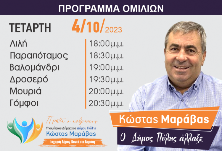 Το πρόγραμμα περιοδειών του Κώστα Μαράβα την Τετάρτη 03/10/ 2023