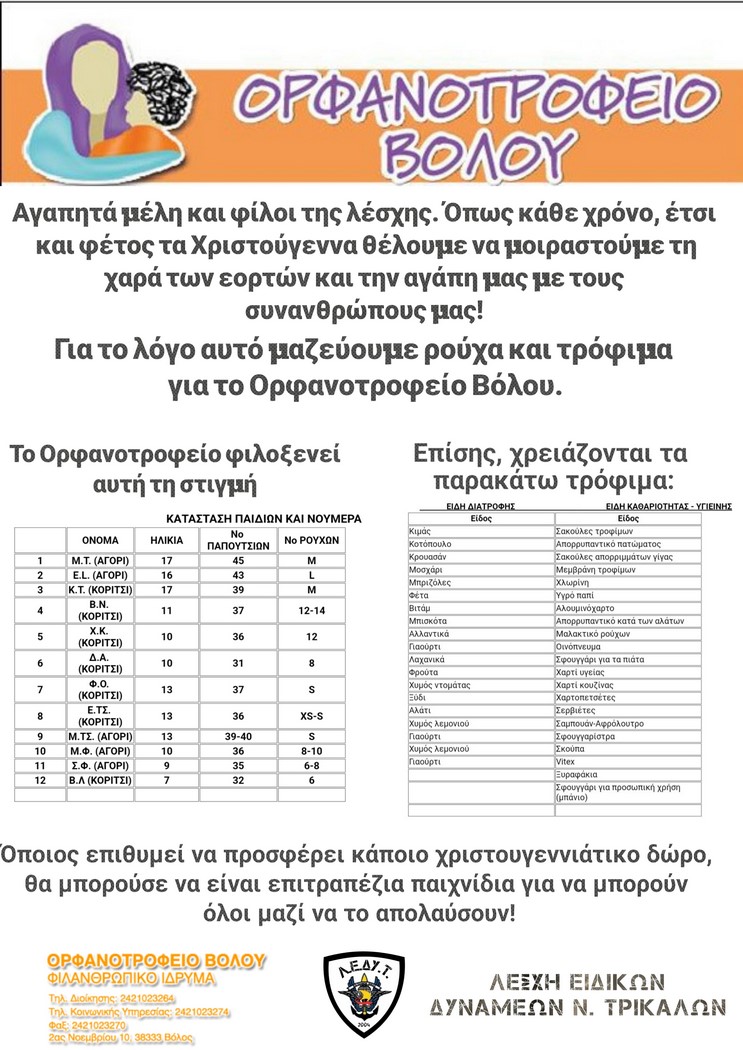 Η Λέσχη Ειδικών Δυνάμεων Ν. Τρικάλων στηρίζει τα παιδιά του  ορφανοτροφείου Βόλου