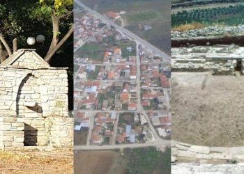 Το χωριό της Μαγνησίας με το μνημείο που έχει κατασκευαστεί όλο από ηφαιστειακό λίθο