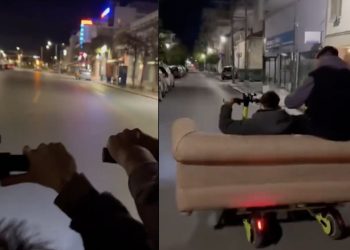 Νέο βίντεο από την «τρελή» πορεία των νεαρών με τον καναπέ πάνω στα πατίνια – Το ανέβασαν οι «οδηγοί» (ΒΙΝΤΕΟ)