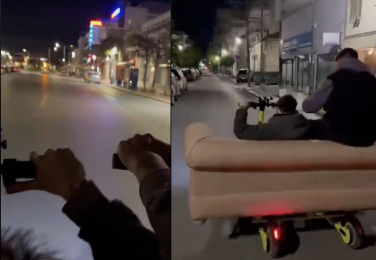 Νέο βίντεο από την «τρελή» πορεία των νεαρών με τον καναπέ πάνω στα πατίνια – Το ανέβασαν οι «οδηγοί» (ΒΙΝΤΕΟ)