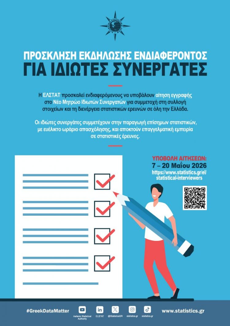 Ιδιώτες συνεργάτες προσλαμβάνει η Στατιστική Αρχή για έρευνες μέσα στο καλοκαίρι