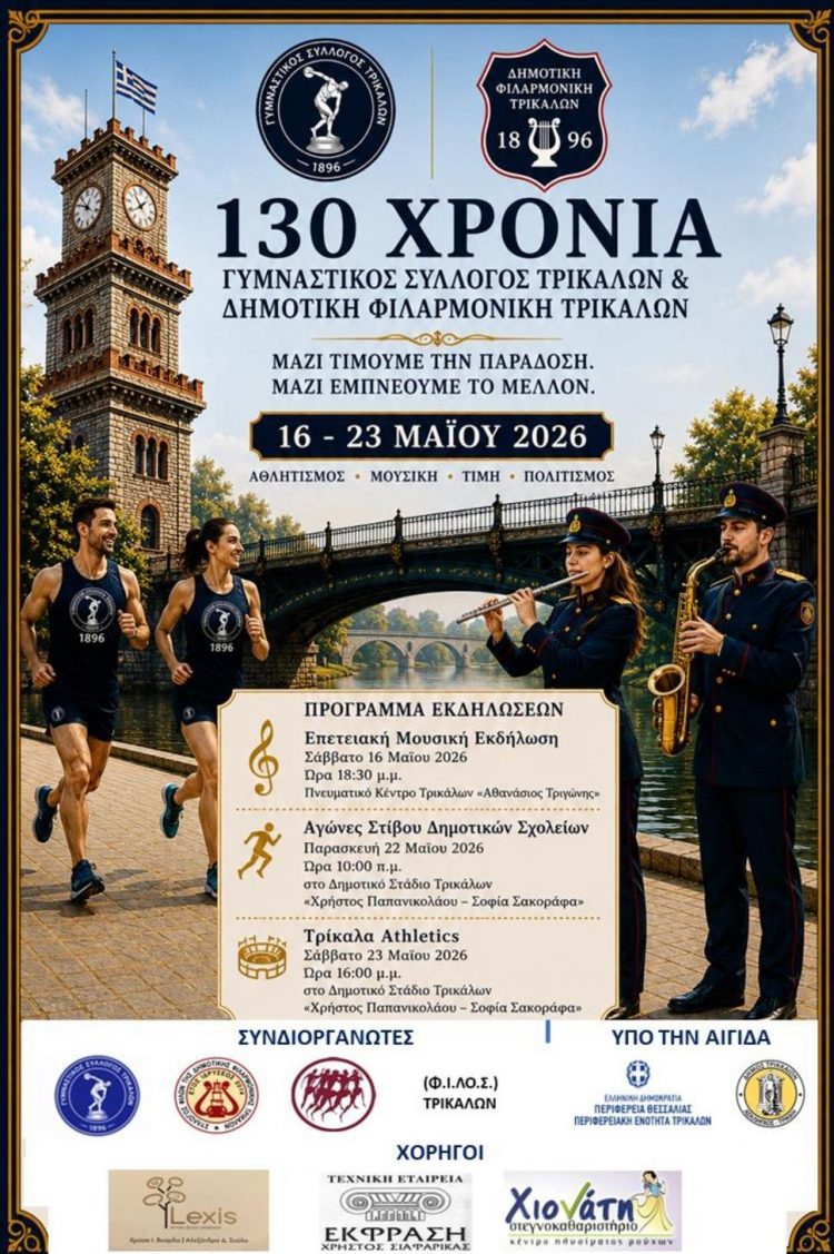Εκδηλώσεις από το Σάββατο για τα 130 χρόνια του Γυμναστικού Συλλόγου και της Δημοτικής Φιλαρμονικής Τρικάλων
