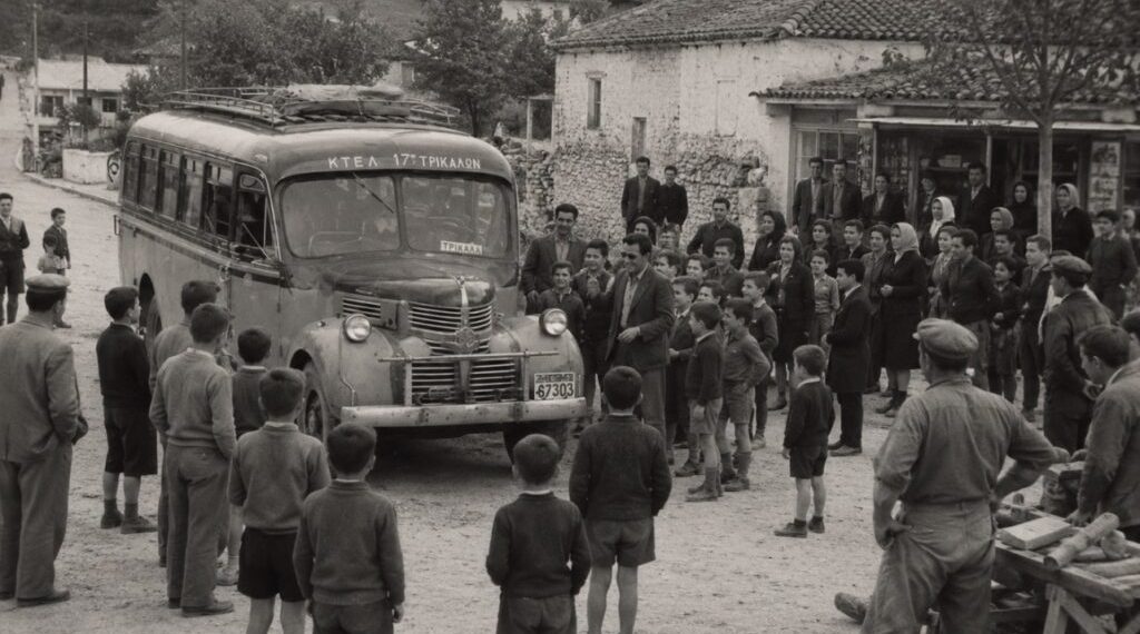 Όταν το πρώτο λεωφορείο του ΚΤΕΛ Τρικάλων έφτασε στην Κρήνη και όλο το χωριό βγήκε να το υποδεχθεί…